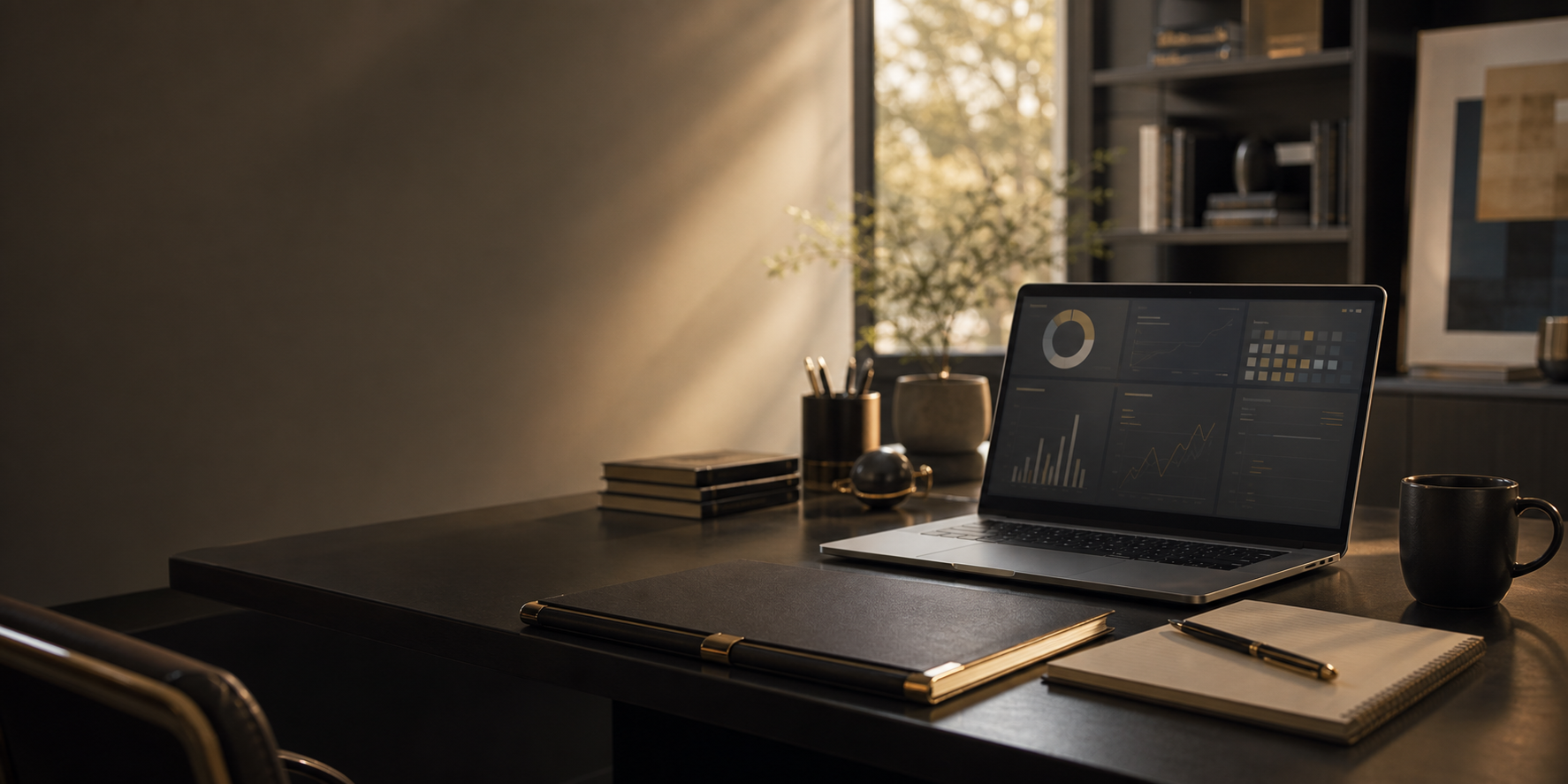 A quiet desk in the early evening: an open laptop showing a working dashboard, a closed leather folio, a notepad, and a pen in warm light.
